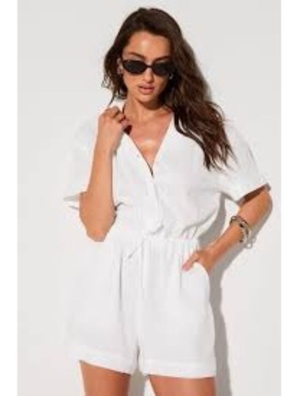 Fabletics Womenโs White Cotton Voile Romper Size XL Button Front Casual Summer O